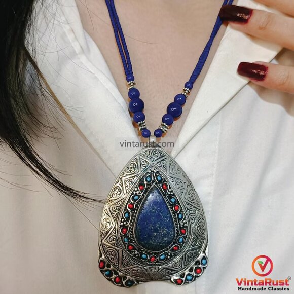 Handmade Lapis Lazuli Pendant Necklace: Beaded Boho Gemstone Jewelry - Picture 1 of 8